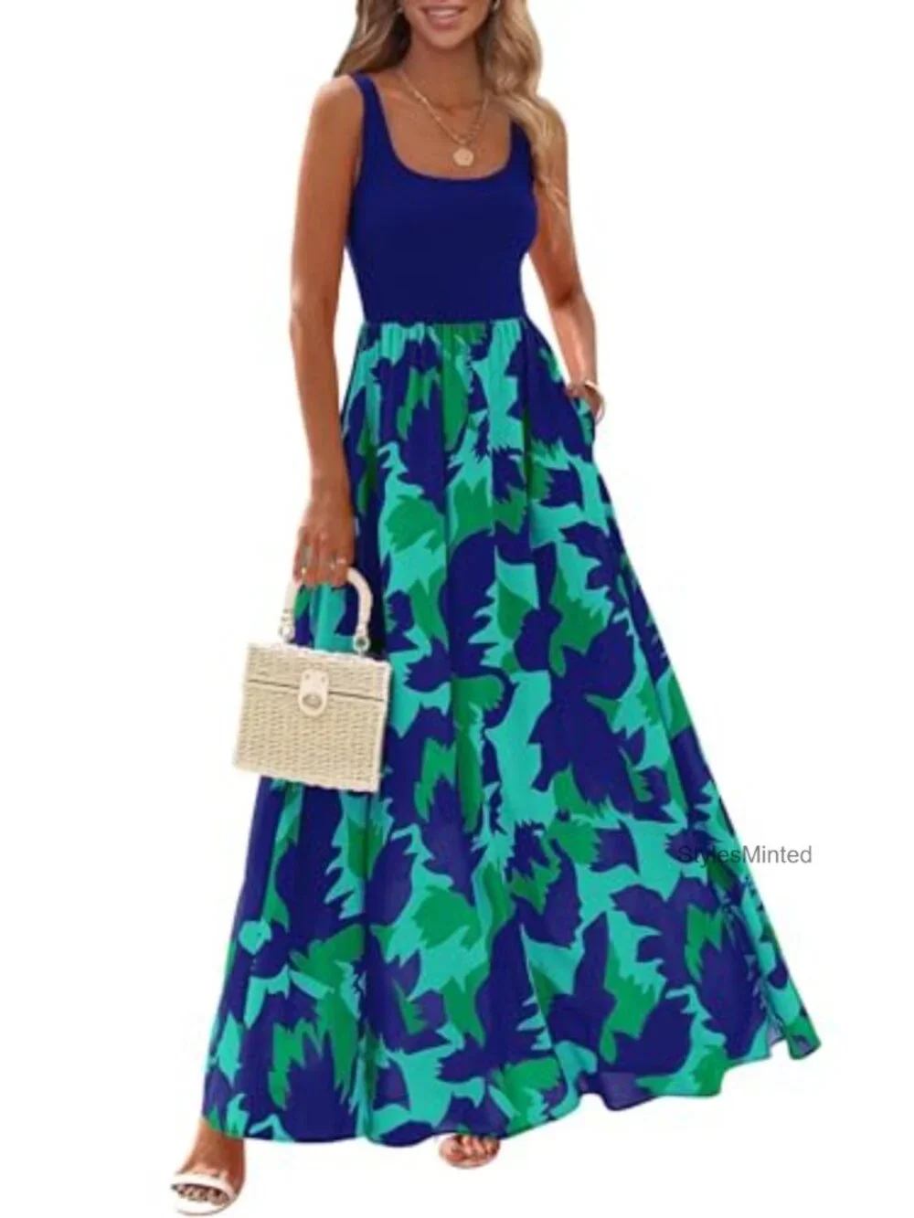 Women's Boho Floral Maxi Sundress Sleeveless Tank Dress with Pockets